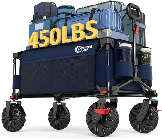 PORTAL Collapsible Wagon with Brakes, Heavy Duty Utility Cart with All-Terrain Wheels, Portable Folding Wagons for Camping, Beach, Garden, Shopping, and Groceries