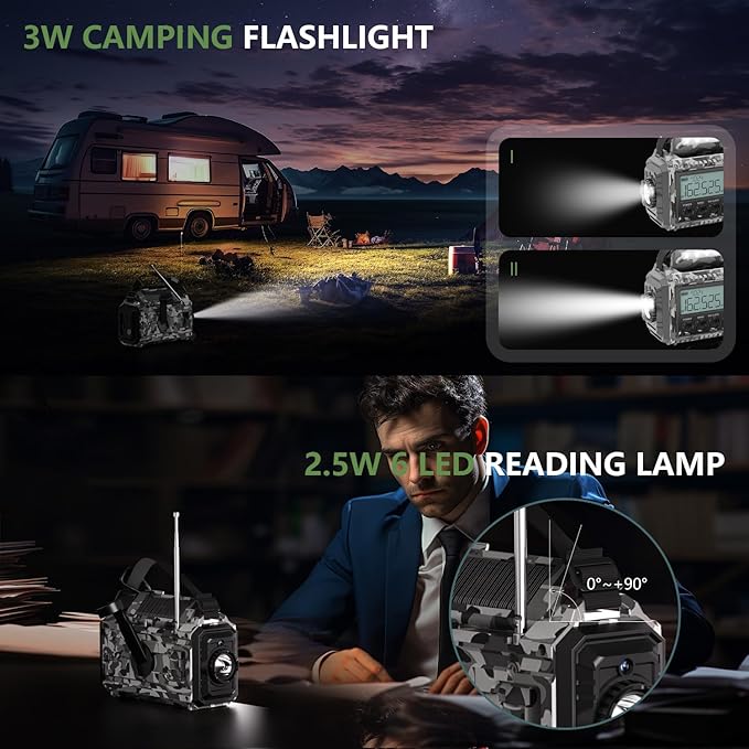 Emergency Radio 12000mAh AUTO NOAA Weather Radio, Solar Hand Crank Portable AM/FM Shortwave Radio with Rechargeable Battery Powered, Flashlight, Reading Lamp, SOS Alarm for Indoor Outdoor Emergencies