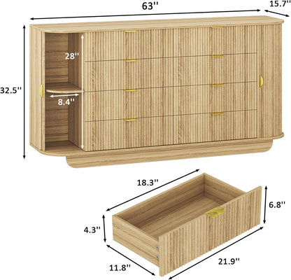 63" Tambour Dresser for Bedroom with 8 Drawers, Modern Chest of Drawers with Sliding Doors & 4 Shelves, Fluted Dresser Storage Organizer for Bedroom, Closet, Living Room(Natural)