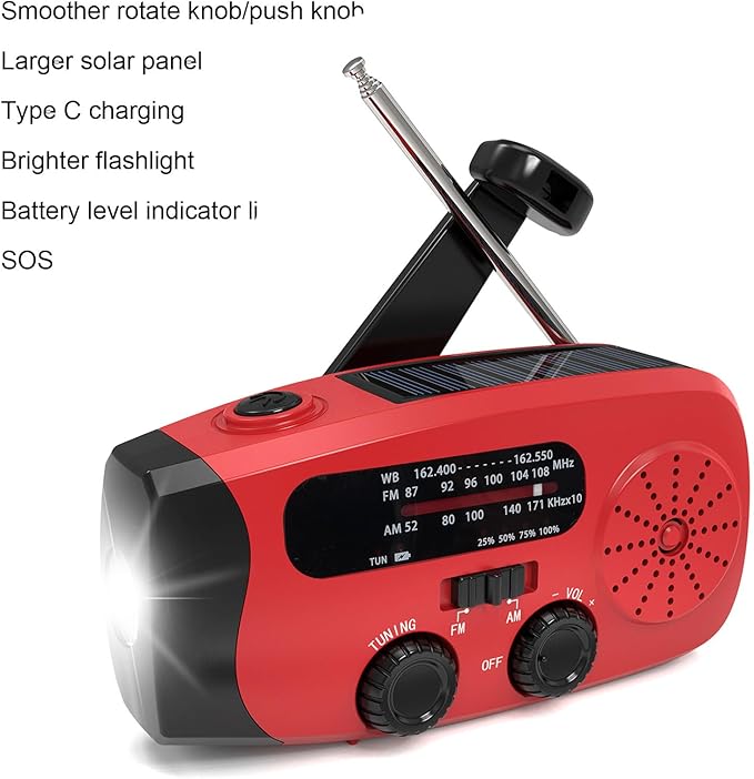 FTVOGUE Emergency Crank Radio 2000mAh Solar Powered NOAA Weather Radio with AM FM WB LED Flashlight SOS for Outdoor and Emergency Preparedness