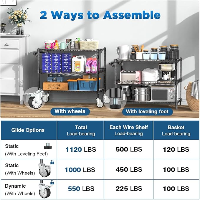 Leteuke 1120LBS Heavy Duty Rolling Utility Cart,3 Tier Rolling Carts with Wheels,NSF Commercial Grade with Handle Bar & Shelf Liners,45"x25"x39" Storage Cart for Kitchen,Restaurant,Plant Display,Black