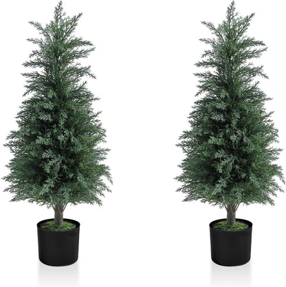 Artificial Cedar Topiary Trees 3FT Set of 2 Lifelike Faux Evergreen Cypress Bushes UV Resistant Outdoor Christmas Trees Realistic Potted Plants for Indoor Outdoor Decor