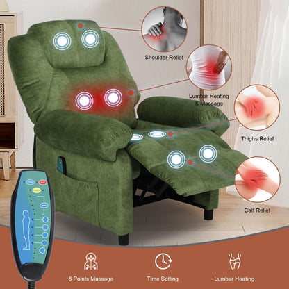 KCREAM Green Massage Recliner Chair, Small Recliners for Small Spaces, Overstuffed Recliners Living Room Chairs for Adults Fabric Manual Recliner Chairs with Heating Single Sofa Chair
