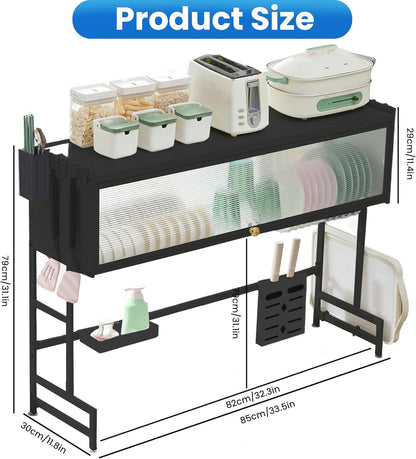 Dish Drying Rack, 3-Tier Over Sink Dish Drying Rack, 33.5" Over Sink Dish Rack for Small Kitchen, Space-Saving Dish Rack with Cover, Baskets, Utensil, Large Sink Storage Organizer Black