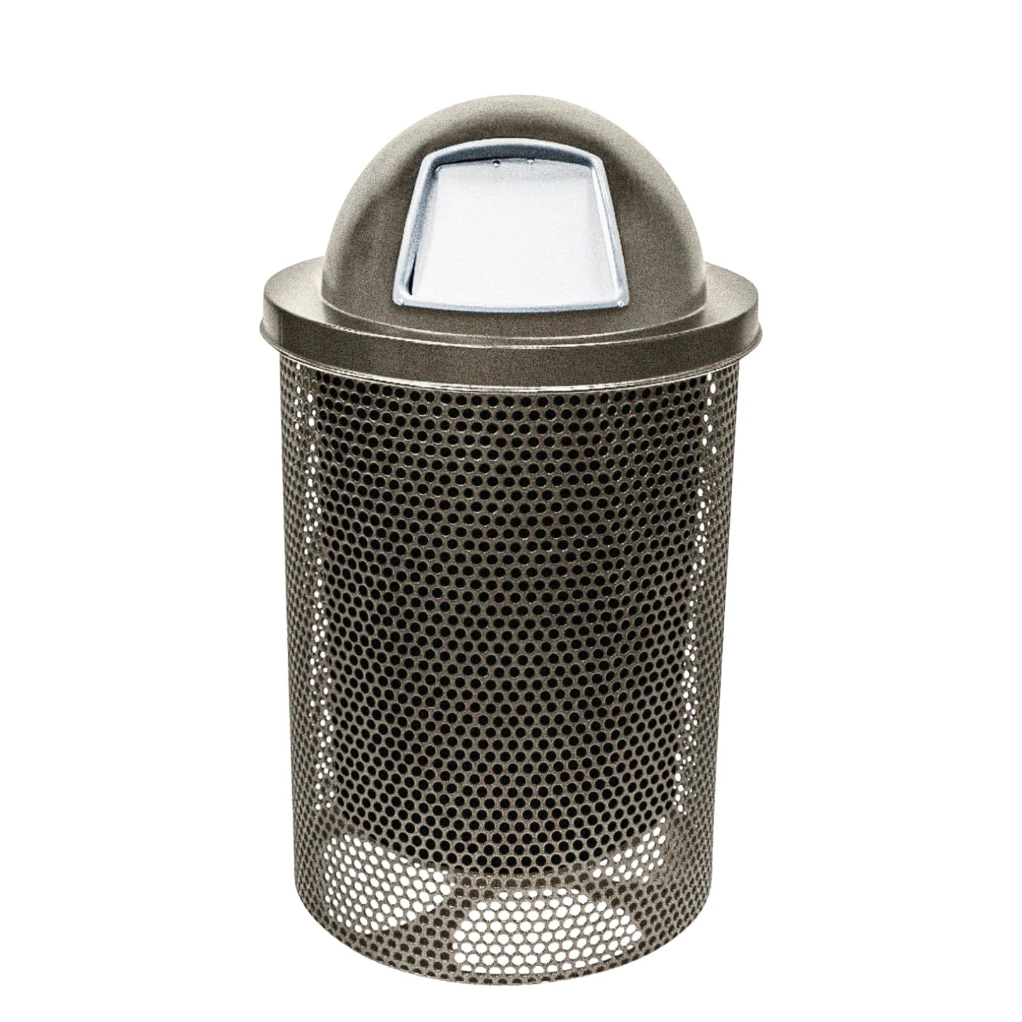 COATEDOUTDOORFURNITURE 32-Gallon Heavy-Duty Punched Steel Round Trash Receptacle, Commercial Outdoor Waste Bin with Liner & Black Dome Lid – Made in America (Textured Gold Vein)