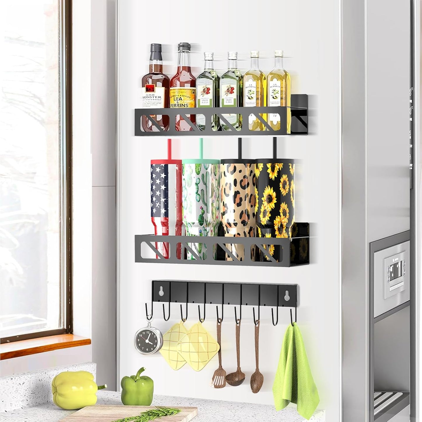 Magnetic Spice Rack Organizer for Fridge Seasoning Organizer for Kitchen storage with Screw or Adhesive Hanging,Magnetic Shelf with Hook for Refrigerator and Oven (2pack)