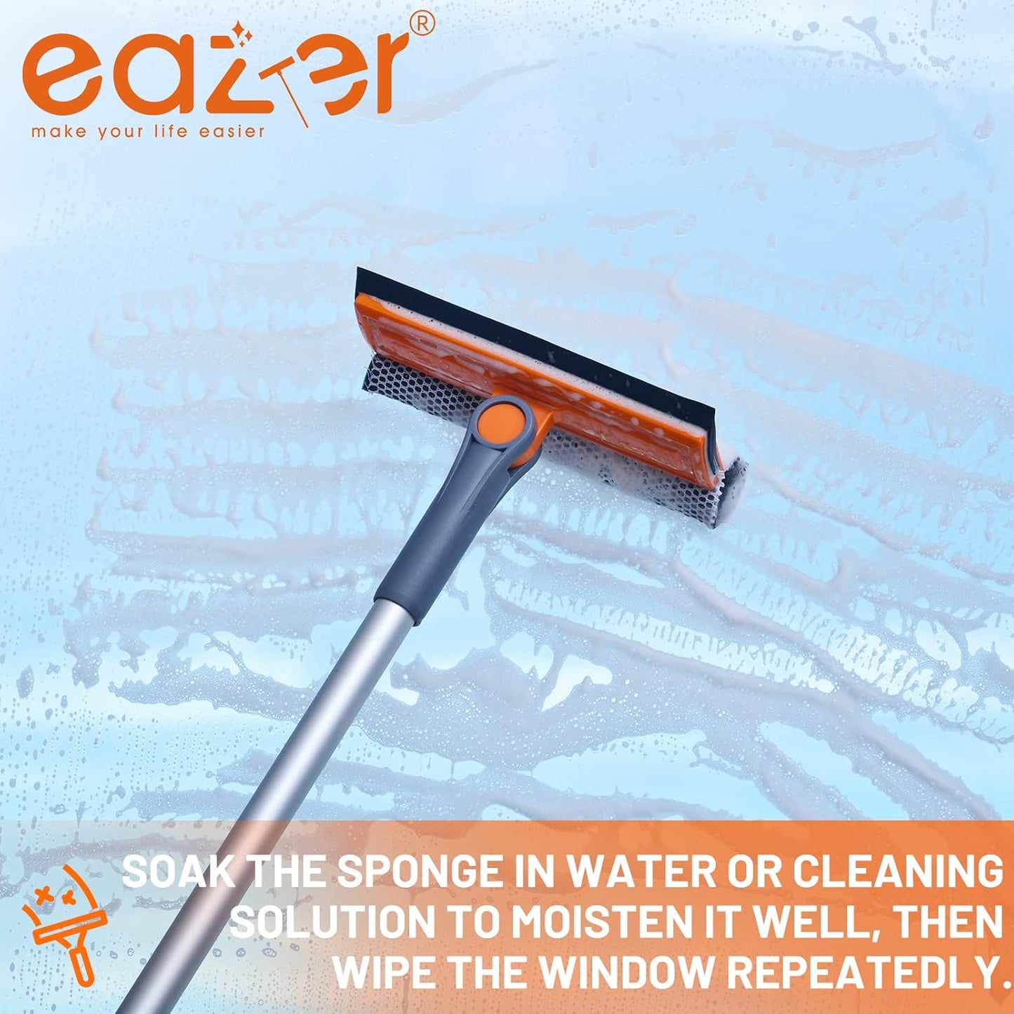 eazer Professional Window Squeegee, 2-in-1 Rotatable Squeegee for Window Cleaning Kit, Window Cleaner Tool, Window Washing Equipment Kit with Extension Pole (20''-30'') for Shower/Windshield - 2 Head