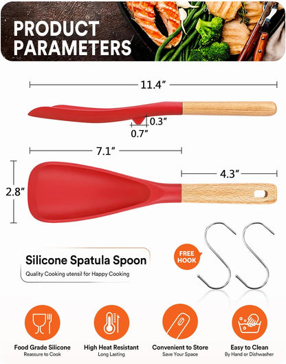 Cooking Spoon for Nonstick Cookwares, Great for Cooking and Serving Sturdy BPA-Free Matte Silicone, Wood Handle Spoon for Mixing, Scoop, and Scrape (2 Pack of Red, 11.4 inch)