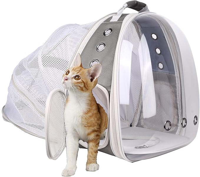 halinfer Expandable Carrier Backpack for Kitten Bunny and Small Puppy, Vented Transparent Space Capsule Astronaut Cat Bubble Window, PU Leather Grey Vet Carry Bag