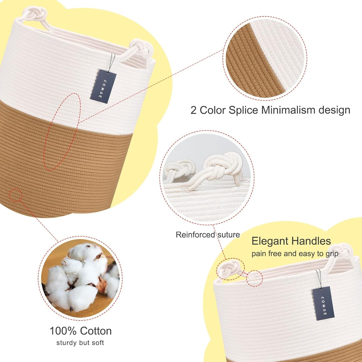 COMSE Extra Large Blanket Basket, Tall Woven Storage Basket, Nursery Hamper, 15.7”x 21.7”, Cotton Rope Laundry Hamper for Toys Clothes Towels, White/Camel