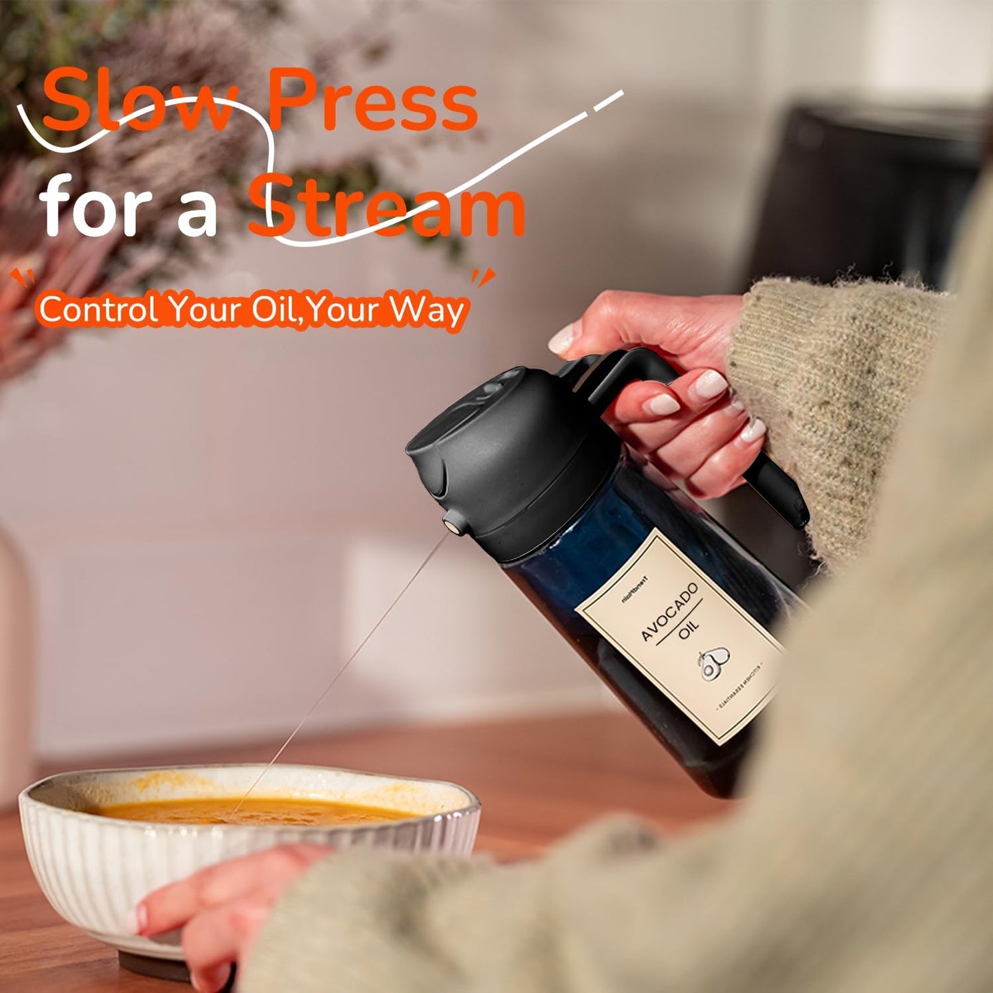 TrendPlain 16oz/470ml Blue Glass Olive Oil Sprayer for Cooking - 2 in 1 Olive Oil Dispenser for Kitchen Gadgets, Air Fryer, Salad, and BBQ - 2 Black