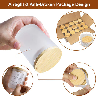 CONNOO 15 Pack 7 OZ Frosted Empty Candle Jars with Bamboo Lids and Sticky Labels for Making Candles - Thick Glass Candle Jars in Bulk with Lids. Dishwasher Safe.
