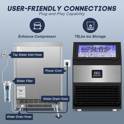 Commercial Ice Maker Machine 250LBS/24H with 75LBS Storage Bin, Stainless Steel Undercounter/Freestanding Ice Maker Machine for Home Bar Outdoor, 80PCS Ice Cubes Ice Machine, Self Cleaning