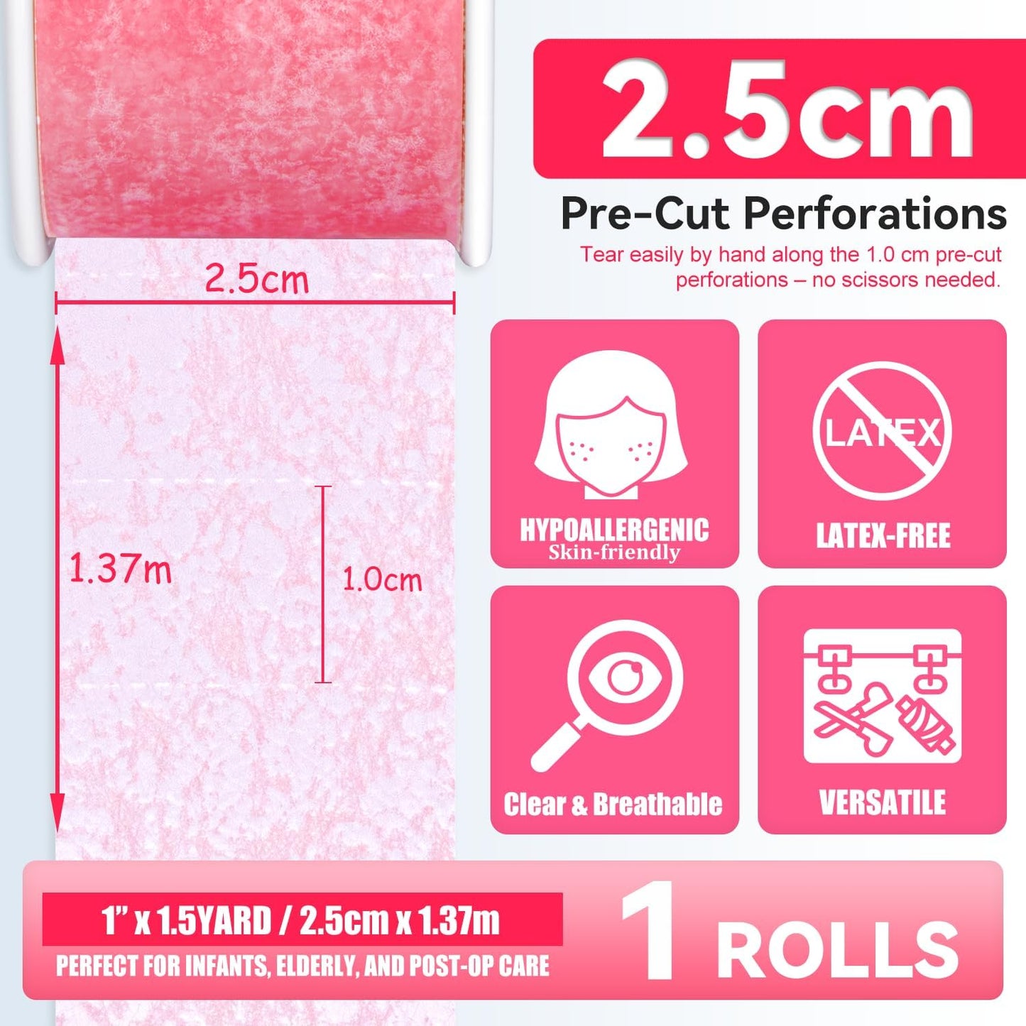 FRESINIDER Silicone Tape 1" x 1.5 Yard Pink 4 Rolls for Sensitive Skin, Pre-Cut Waterproof Medical Tape, Gentle Adhesive for Wound Care, Surgical Sites, Infants and Elderly