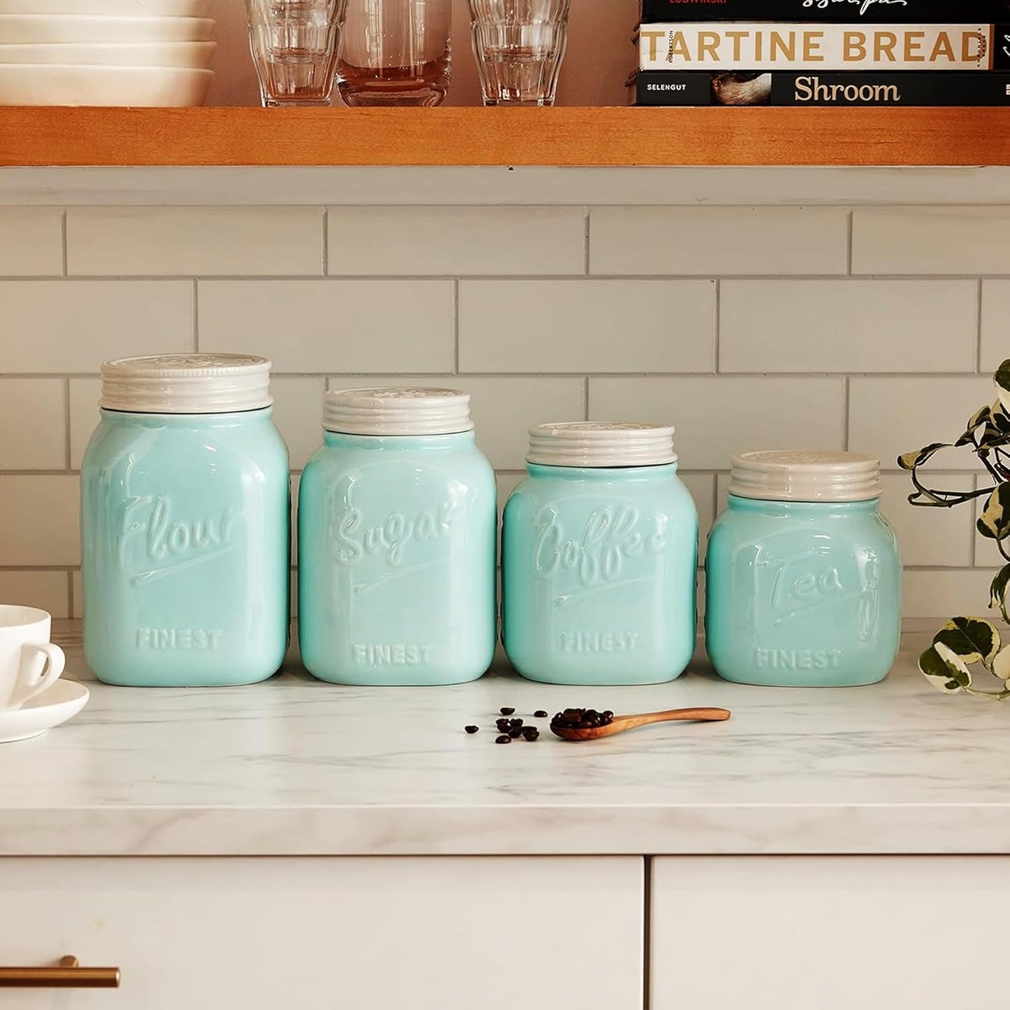 Young's Inc. 4 Pcs Set Vintage Ceramic Canisters- Storage Container for Kitchen and Bathroom - Beautiful Home Decor Accent to Store Food, Coffee, Tea, and More - Sky Blue