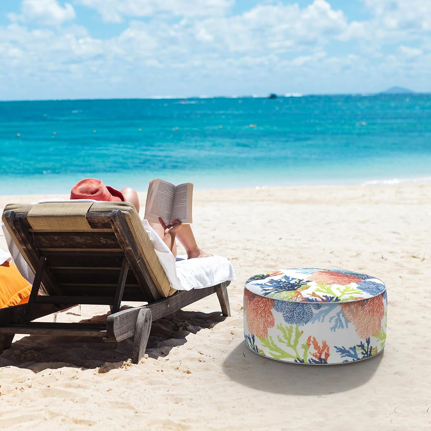 LVTXIII Outdoor Inflatable Ottoman, Patio Fade-Resistant Footrest Stool with Handle, Portable Round Ottoman Pouf for Patio Garden, Camping or Home Use, 21"x21"x9", Coral Multi