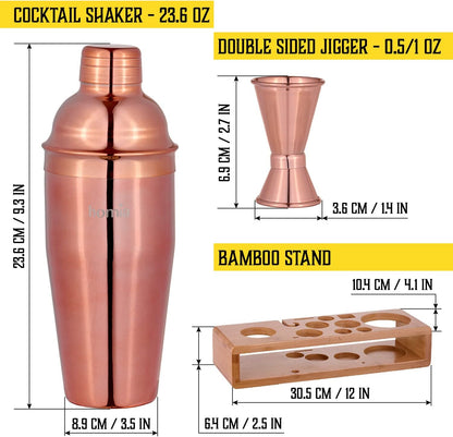 Bartender Kit with Whiskey Smoker - 13 pcs, Bamboo Stand - Bar Set with Cocktail Shaker, Bartending Kit with Essential Bar Accessory Tools, Wood Chips, Pink Gold