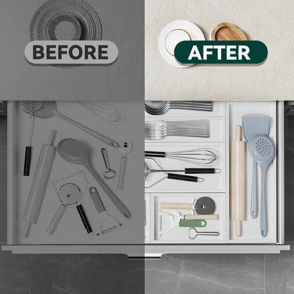 Bamboo Drawer Organizer, Cutlery Silverware Organizer for Kitchen Drawer, Stackable Utensil Organizer, 2 Pcs Flatware Organizer for Drawer, Wooden Storage Box Tray (White, 12 X 6 X 2 Inch)