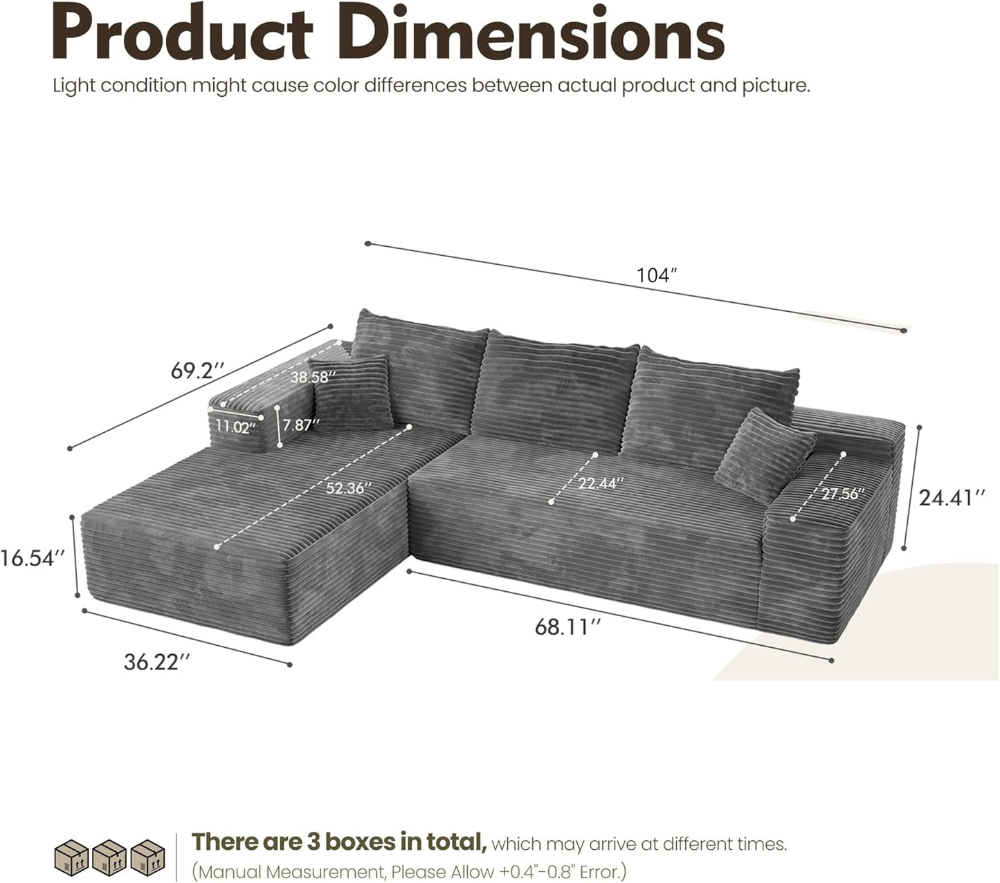 HOOOWOOO Cloud Sectional Couches for Living Room,Modular Sectional Sofa No Assembly,Plush Corduroy Large Floor Couch Furniture Set with Deep Seat Right Chaise L Shape(Gray)