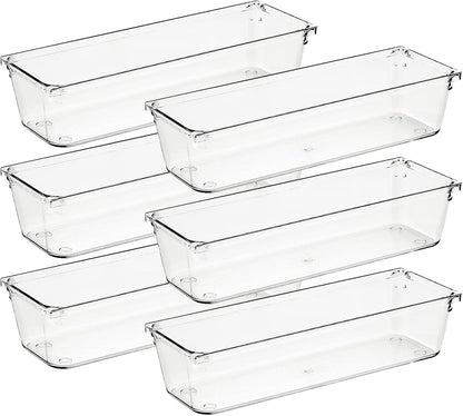 Ravinte 6 Pack Drawer Organizer - 3" X 9" Plastic Storage Bins, Acrylic Organizers with Non-Slip Pads Clear Desk Storage Tray for Makeup, Jewelries, Kitchen Utensils, Bathroom and Office