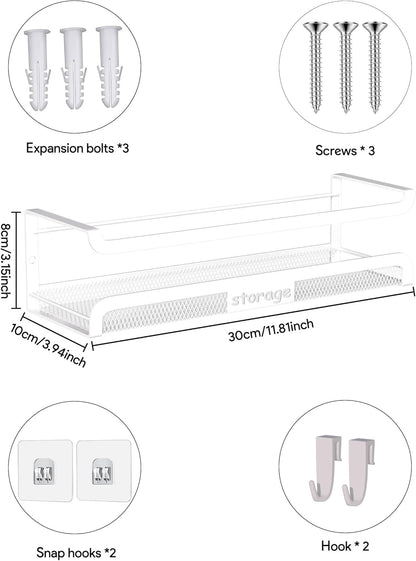 Spice Rack Wall Mount with Hooks - Spice Racks Organizer for Cabinet Storage, Wall Mounted Hanging Shelf Seasoning Organizer, for Kitchen, Pantry Door, Bathroom (White, 2 Pack)