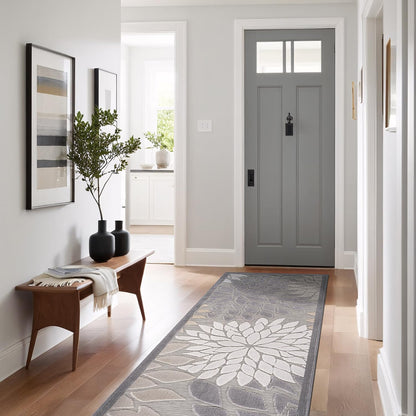 Beverly Rug Outdoor Runner Rug 2x7 Modern Floral Tropical Area Rugs for Indoor and Outdoor Patio Easy to Clean Non Shedding Living Room Porch Garden Washable Outside Carpet (2 x 7 Gray)