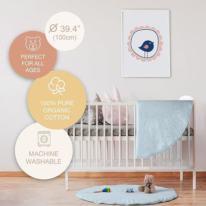Byrd & Blume Round Baby Play Mat, Organic Cotton Soft Padded Nursery Floor Mat, Safe Hypoallergenic Baby Mat, Reversible, Foldable, Portable Infant Tummy Time Mat Fits Tents & Playpens (40"x40") Blue