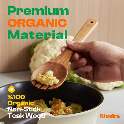 Riveira Teak Wooden Spoons for Cooking Set of 6 – Natural Teak Wooden Cooking Utensils, Wooden Spatula, Wooden Spoon - Premium Quality Wooden Utensil Set for Non-Toxic Cooking