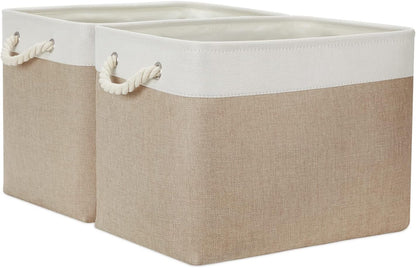 Temary Fabric Storage Baskets 2 Pack Decorative Storage Bins Basket for Gifts Empty Shelf Baskets with Handles for Organizing Home Closet, Towels (White&Khaki,16Lx12Wx12H Inches)