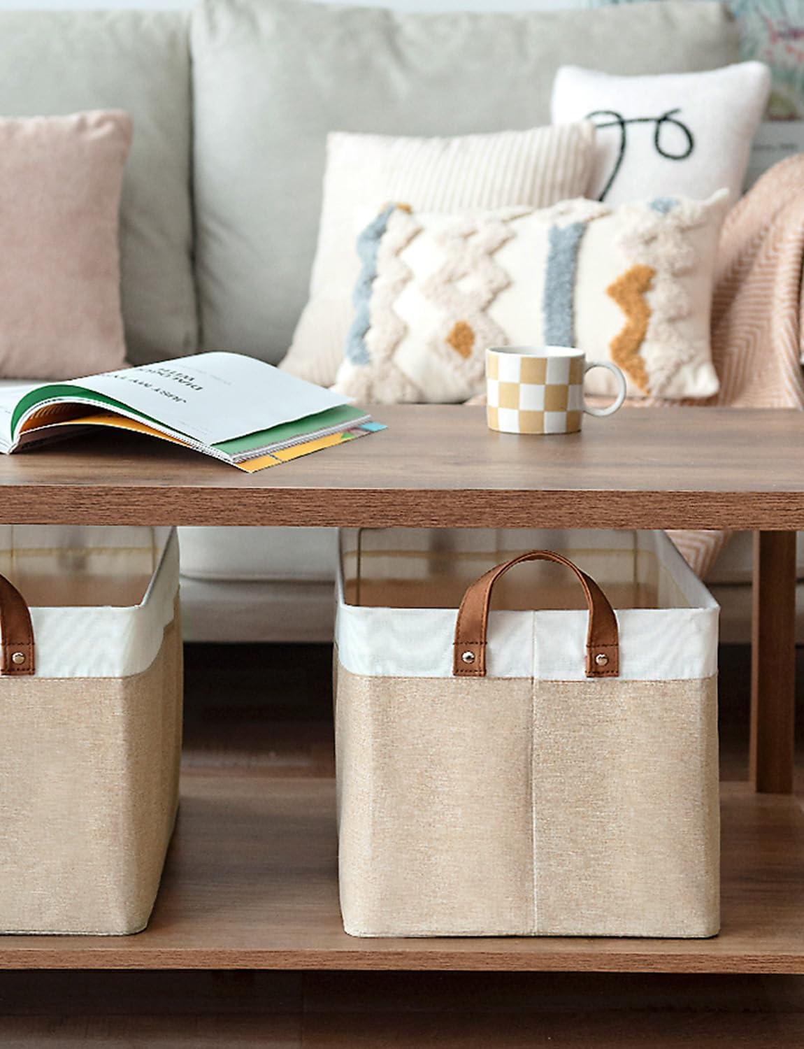StorageWorks Storage Bins, Fabric Storage Bins for Shelves, Large Storage Baskets with Metal Frame, Closet Baskets and Bins with Handles, Brown and White, 2-Pack