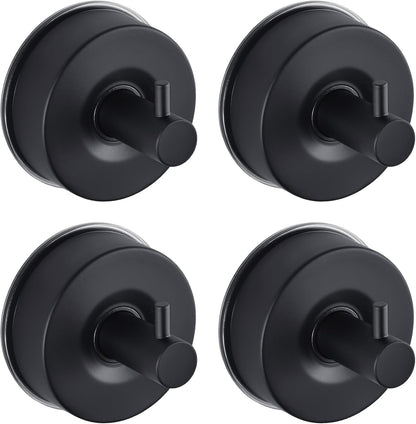 JOMOLA Stainless Steel Bathroom Suction Hooks - No Drill Adhesive-Free Wall Mount for Shower, Towel & Robe, Rustproof Metal Hardware with Damage-Free Grip, Matte Black (4-Pack)