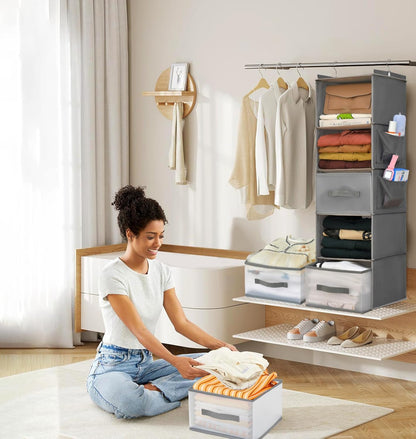 5-Tier Hanging Organizer for Closet, Fabric Closet Organizer with 2 Hooks, 2 Pull-Out Drawers, Foldable Space-Saving Storage (Gray)