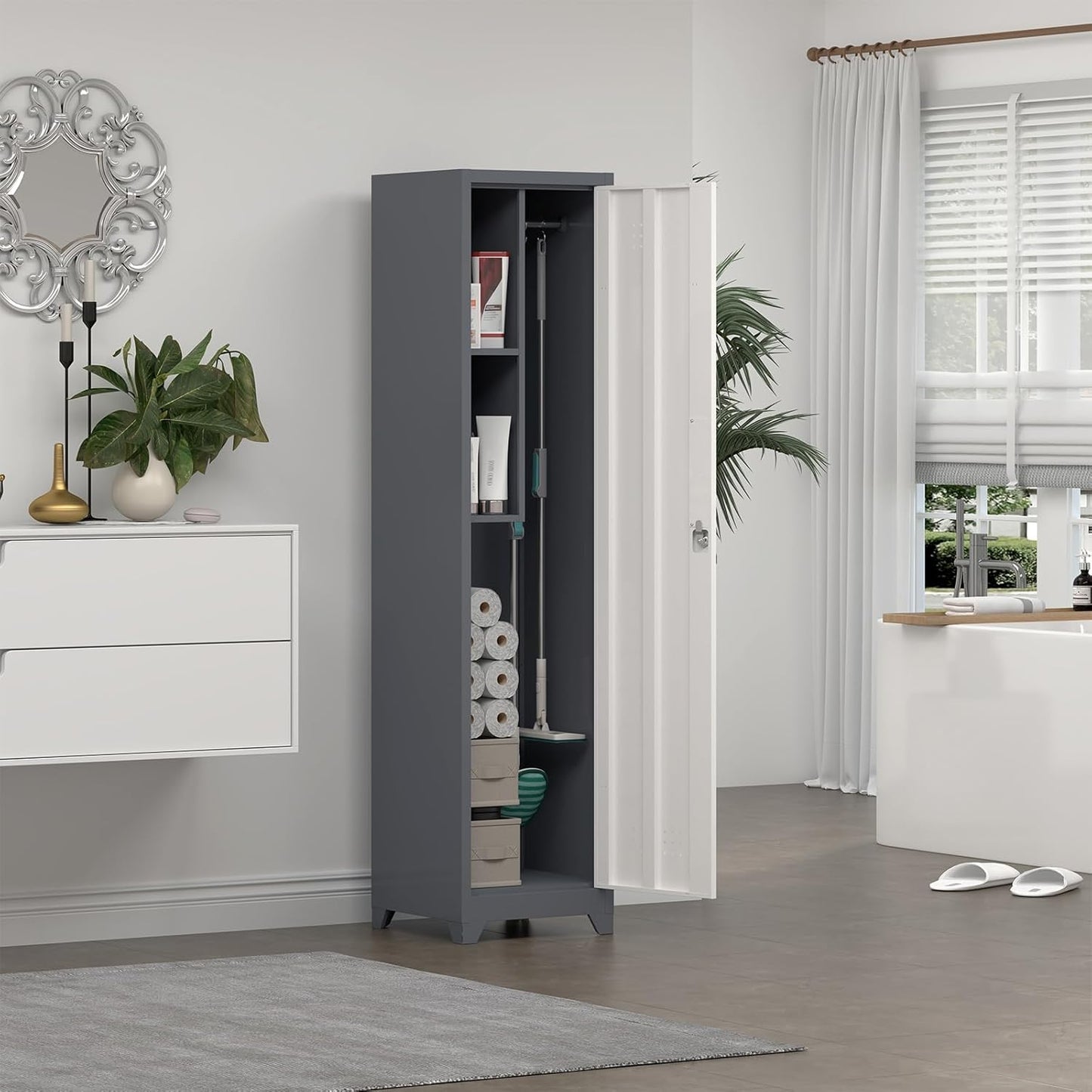 Metal Broom Storage Cabinets, Narrow Cabinet with Hooks, 65" Slim Bathroom Storage Cabinet with Shelves, Heavy-Duty Cleaning Cabinets for Utility Room, Gym, Office, Garage