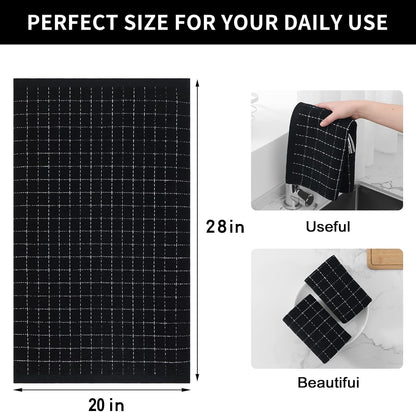 Homaxy 100% Cotton Terry Kitchen Towels(Black, 20 x 28 inches), Checkered Designed, Soft and Super Absorbent Dish Towels, Large 4 Pack