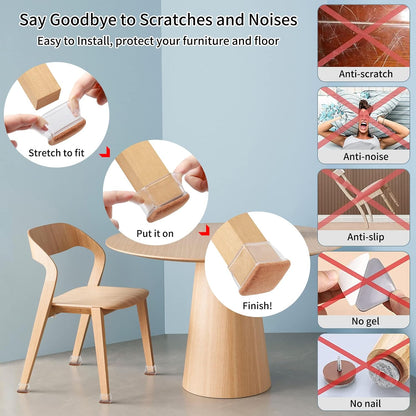 Ezprotekt 8 Pcs Extra Large Square Chair Leg Floor Protectors, Silicone Felt Furniture Pads for Hardwood Floor, Dining Table Bar Stool Leg Protectors Leg Cups Covers (XL Fit: 1.5" - 2", Clear)