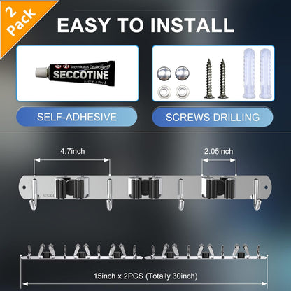 ZONGOOL 2 Pack 3 Racks and 4 Hooks Mop and Broom Holder Wall Mount, Heavy Duty Broom Hanger Organizer Storage Tool Racks Stainless Steel Self Adhesive Wall Hanger for Kitchen Garden Laundry Garage