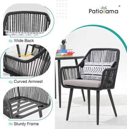 Patiorama Outdoor Dining Chairs, Patio Dining Chair Set of 6, All-Weather Woven Rope Rattan Chairs, Outdoor Dining Wicker Chairs with Armrests for Indoor Balcony Pool Backyard(Black)