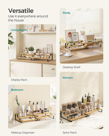 SONGMICS Display Risers, Set of 2 Engineered Wood Perfume Organizer Stand, 3-Tier Cupcake Stand Holder, Spice Rack, Shelf Risers for Figures, Dessert Shelves, Natural Beige and Ink Black UKCS016N01