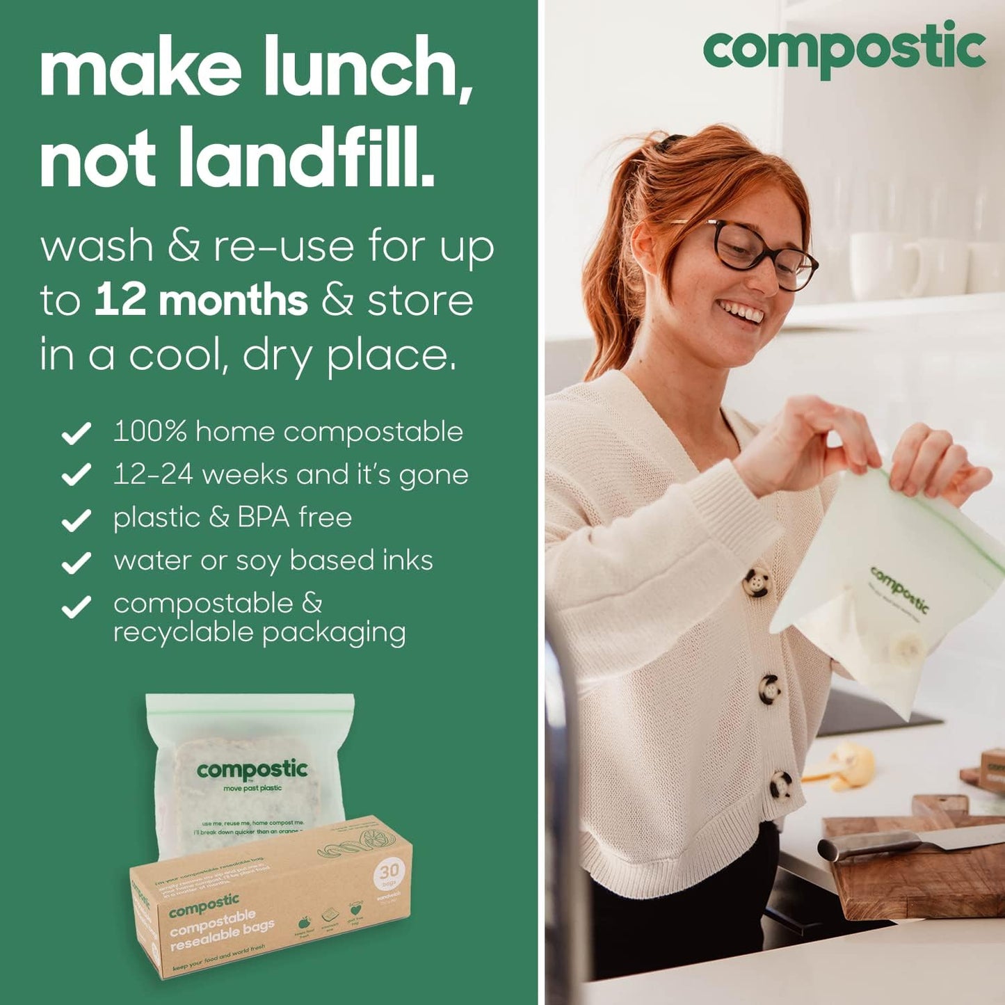 Compostic Home Compostable Resealable Sandwich Bags (7"x7"), Microwave & Freezer Safe, Organic Food Storage Container, 30 Count (Pack of 2)