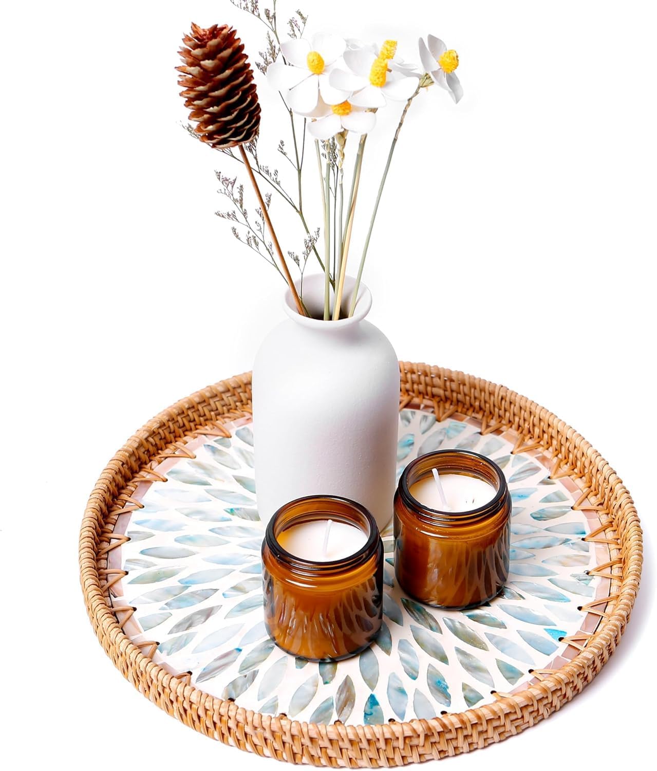 Round Rattan Tray with Mother of Pearl Inlay & Wooden Base - Decorative Wicker Serving Tray for Coffee/Bread/Fruits, Food Storage & Display - Multipurpose Home Decor (L,Colorful Leaves)