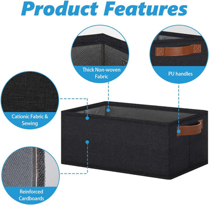 GhvyenntteS Small Fabric Storage Bins 6 Pack, 11.8" x 7.87" x 5.11" Storage Basket with Leather Handles, Closet Storage Bins for Shelves, Storage Baskets for Shelves, DVD Storage (Black)