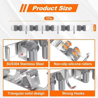 Broom Holder Wall Mount, Mop and Broom Organizer Broom Hanger Storage Tool Utility Racks Stainless Steel Wall Hooks Solid Mop Rack for Home Kitchen Garden Laundry Garage (5 Racks 4 Hooks)