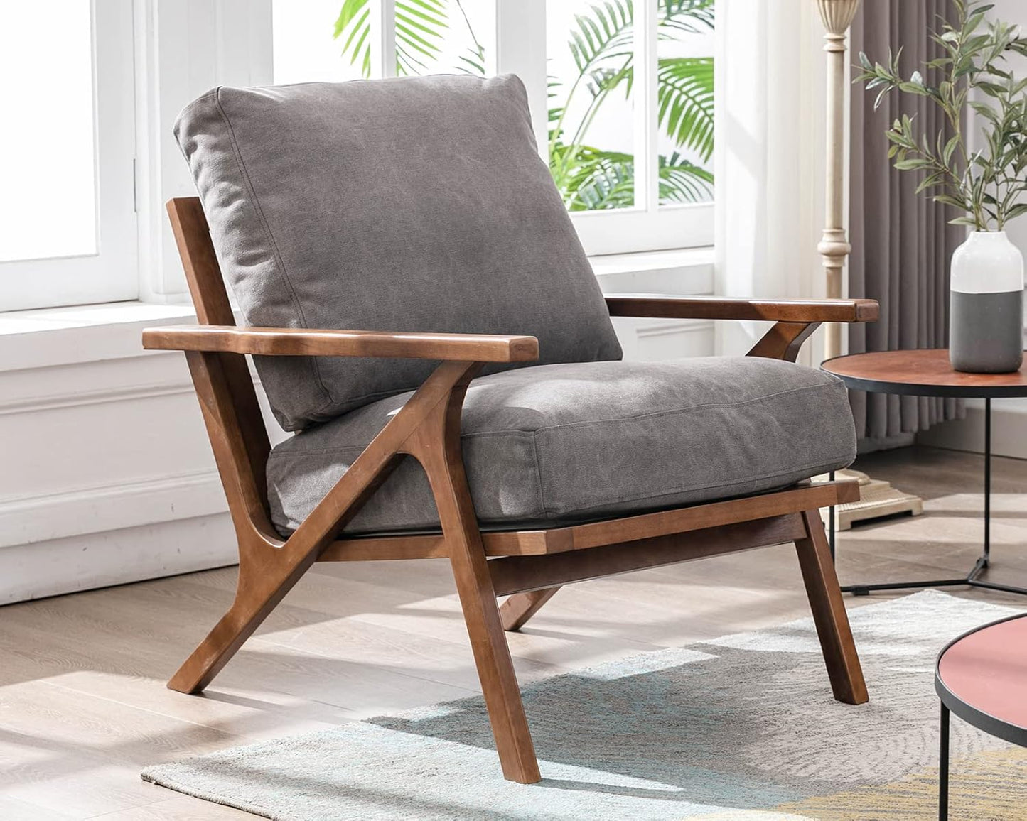 HNY Set of 2 Mid Century Accent Chair, Upholstered Armchair with Wood Frame and Canvas Cushions, Leisure Reading Chair Slipper Chair for Living Room, Bedroom, Gray