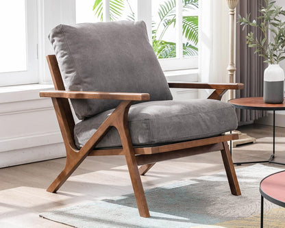 HNY Mid Century Arm Chair, Upholstered Accent Armchair with Wood Frame and Canvas Cushions, Leisure Reading Chair Slipper Chair for Living Room, Bedroom, Gray