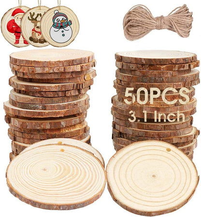 AerWo Natural Wood Slices Christmas Ornaments, 50 Pcs 2.7-3.1 Inches Small Wood Slices with Holes, Round Plain Wooden Circle Ornaments Blanks for DIY Crafts Unfinished Xmas Wooden Ornament