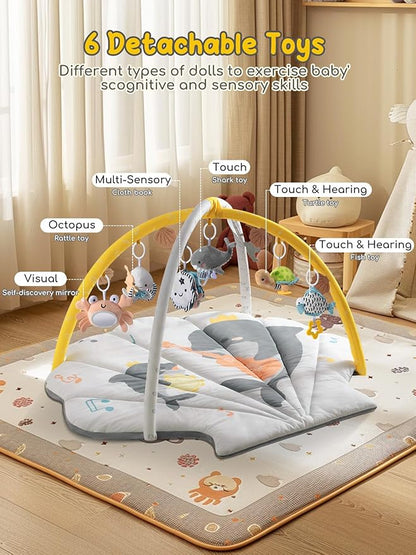 Shell Baby Play Mat, Play Mat for Babies 0-6 6-12 Months, Tummy Time Mat w 6 Detachable Toys, Enlarged Infant Activity Mat for Sensory & Motor Skill Development Boho Ocean Theme Baby Play Gym (White)