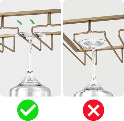 Wine Glass Rack - Under Cabinet Stemware Wine Glass Holder Glasses Storage Hanger 2 Pack Metal Organizer for Bar Kitchen Gold