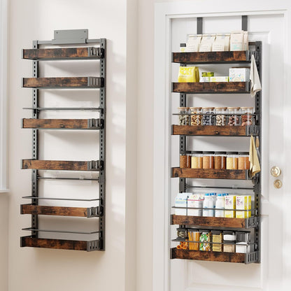 6 Tier Over The Door Pantry Organizer, 2 IN 1 Wall Mount or Metal Hanging Spice Rack for Pantry Organizers and Storage, Seasoning Shelves，Adjustable Basket with Hooks for Kitchen, Bathroom,Laundry