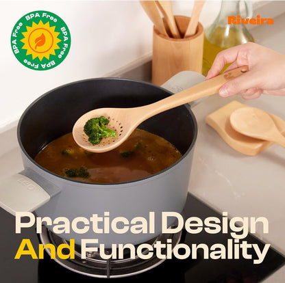 Riveira Maple Wooden Spoons for Cooking Set of 9 – Natural Maple Wooden Cooking Utensils, Wooden Spatula, Wooden Spoon - Premium Quality Wooden Utensil Set for Non-Toxic Cooking