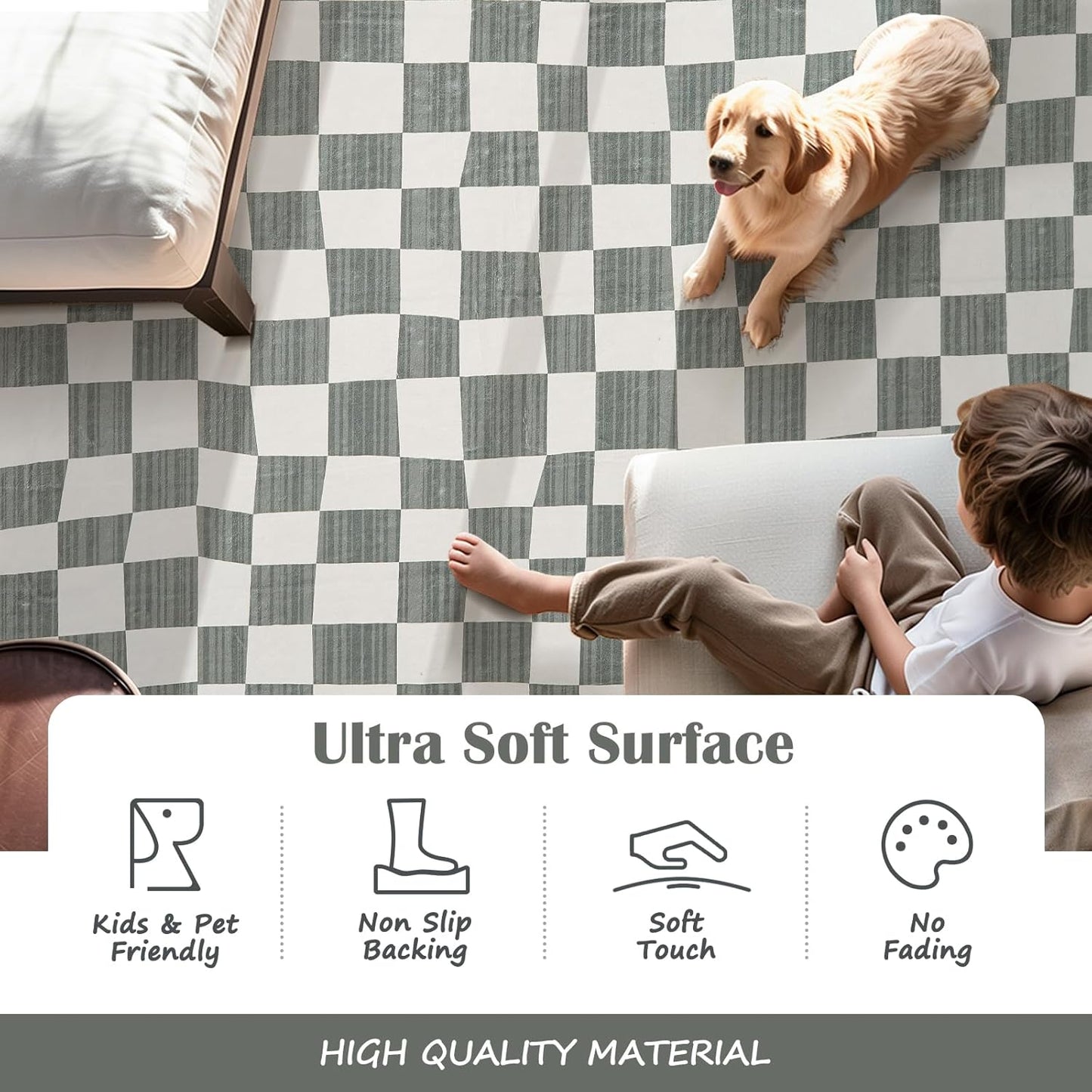 jinchan 8x10 Checkered Area Rugs for Kids Room - Machine Washable Soft Rug Modern Geometric Lattice Non-Slip Carpet for Nursery Playroom Classroom Living Room Bedroom Dining Room Home Office Grey